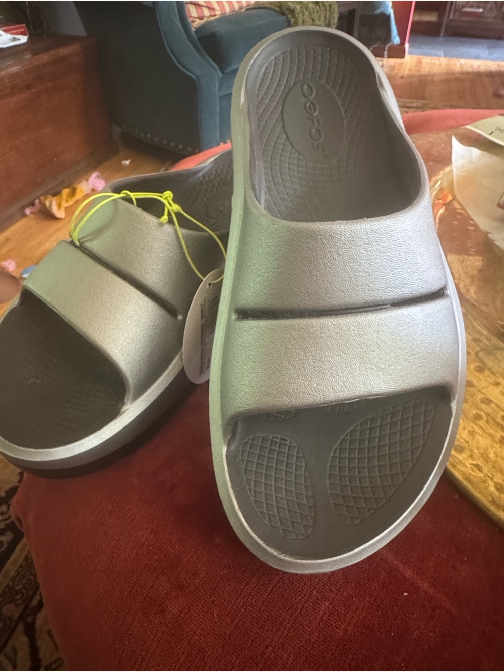 OOFOS Metallic Silver Slide Sandals